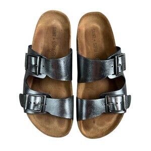 Saint + Sofia Platform 2 Strap Sandals  US 7  Pewter Metallic Leather  Casual